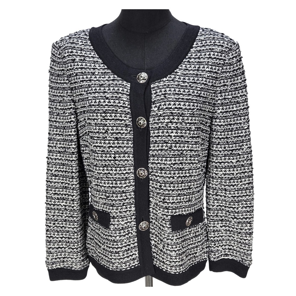 Women's St. John Small Knit Lady Jacket Cardigan Black White Wool Blend Preppy